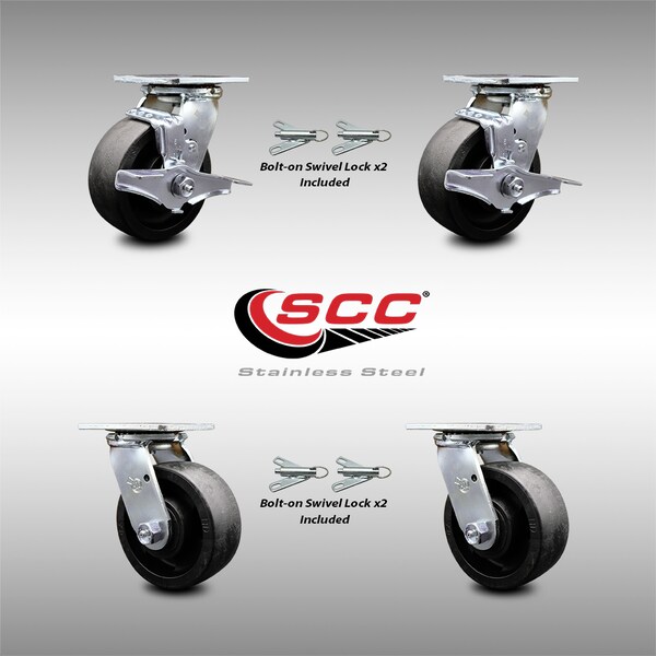 Service Caster 5 Inch SS Glass Filled Nylon Caster Set with Roll Bearings 4 Swivel Lock 2 Brake SCC-SS30S520-GFNR-TLB-BSL-2-BSL-2 - main